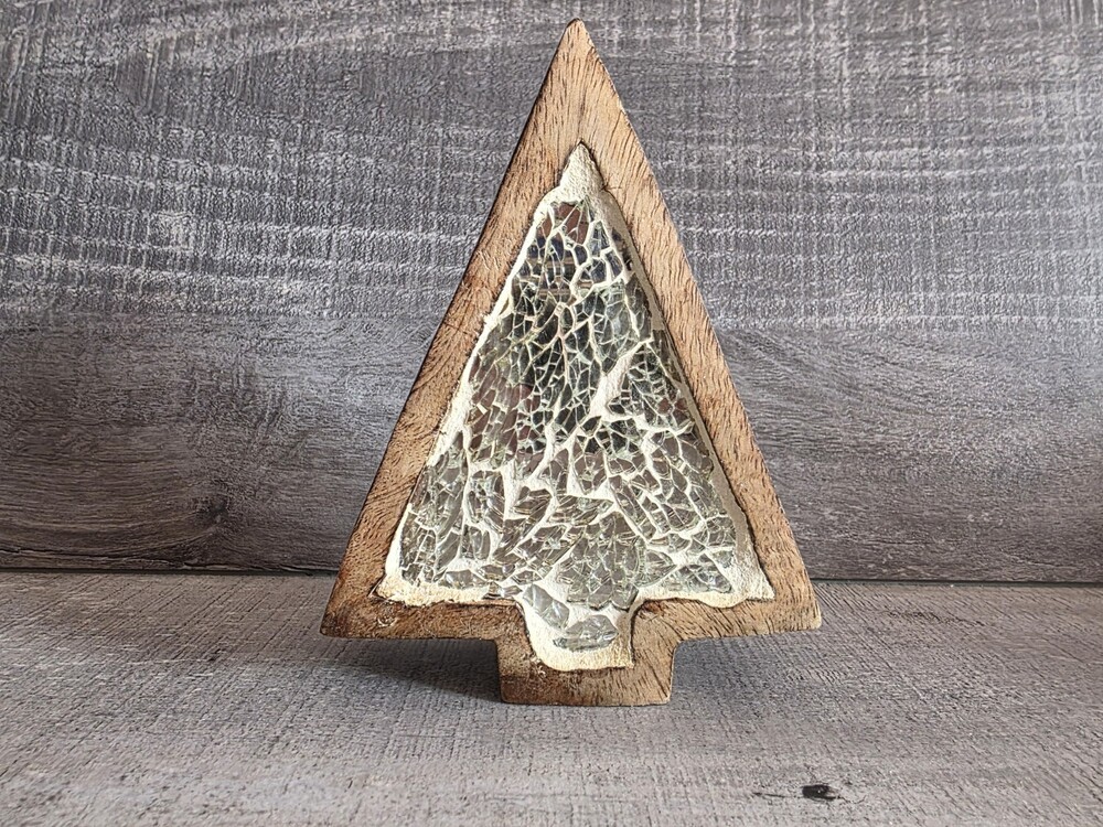 Rustic Wood Christmas Tree Figurine Inlaid Mosaic Freestanding Holiday Decor 56a